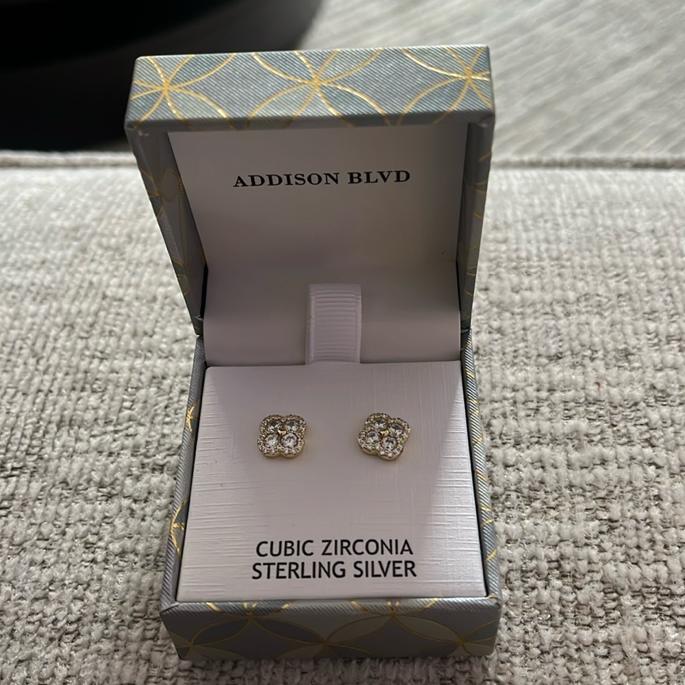 ADDISON BLVD Cubic Zirconia STERLING SILVER 4-leaf Clover Earrings